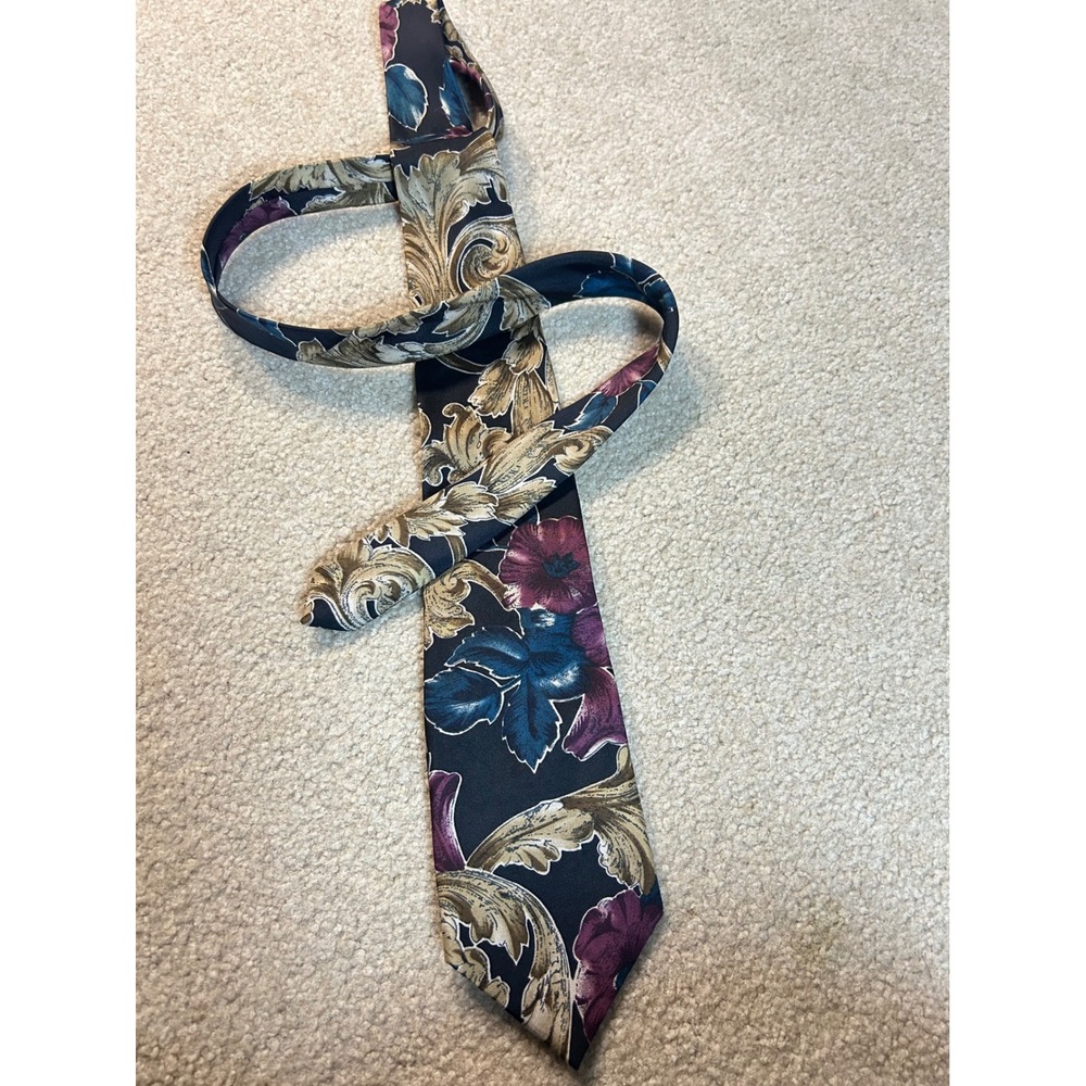 Reed St James Mens Floral Silk Necktie Navy Blue Burgundy Gold Design Made in US